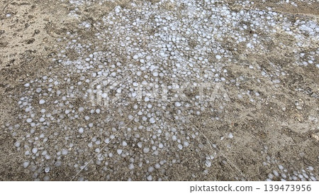White hailstones scattered on sandy ground after storm, close-up natural texture for weather, climate, precipitation and seasonal background concepts. 139473956