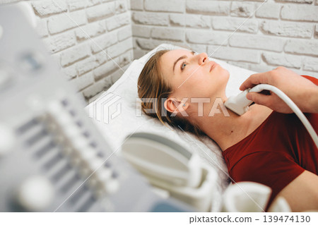 Female patient getting thyroid ultrasound exam in hospital Female patient getting thyroid ultrasound exam in hospital 139474130