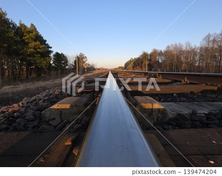 Low angle perspective of a long steel rail disappearing into the horizon with trees and a clear blue sky at sunset. Concept of infinite journey and forward motion Low angle perspective of a long steel rail disappearing into the horizon with trees and a clear blue sky at sunset. Concept of infinite journey and forward motion 139474204