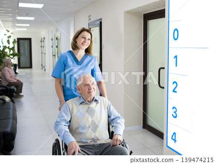 Smiling nurse assisting senior man in wheelchair at hospital corridor Smiling nurse assisting senior man in wheelchair at hospital corridor 139474215