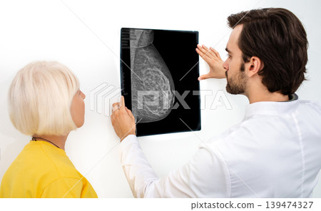 Mammogram film image of a female breast. Oncologist and an elderly patient are looking at the results of a breast x-ray. Diagnosis and prevention of breast cancer Mammogram film image of a female breast. Oncologist and an elderly patient are looking at the results of a breast x-ray. Diagnosis and prevention of breast cancer 139474327