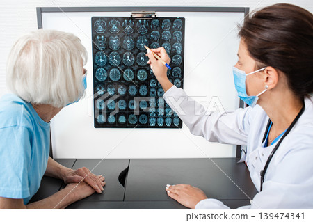 Doctor explains to an elderly woman the results of an MRI scan of her brain. Diagnosis of diseases and head injuries Doctor explains to an elderly woman the results of an MRI scan of her brain. Diagnosis of diseases and head injuries 139474341