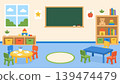 Kindergarten classroom interior with empty chalkboard, kids furniture and toys, flat vector illustration 139474479
