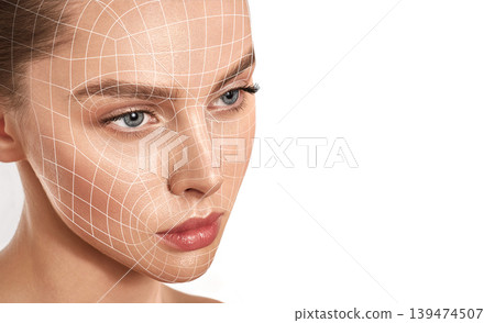Lifting lines, advertising of face contour correction, female face skin lifting. Facial rejuvenation concept, cosmetology 139474507