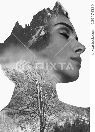 Concept of human mental health. Double exposure effect applied on woman's portrait showing human's inner world Concept of human mental health. Double exposure effect applied on woman's portrait showing human's inner world 139474529