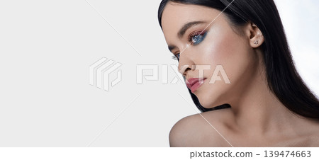 Beauty portrait, web banner. Woman with perfect and shine skin. Concept skincare and aesthetic cosmetology with space for text Beauty portrait, web banner. Woman with perfect and shine skin. Concept skincare and aesthetic cosmetology with space for text 139474663