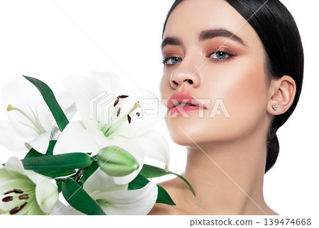 Best natural face, skincare and fresh makeup. Spa , cosmetology and beauty trends of makeup. Portrait of woman with shiny healthy skin and glitter eyeshadow Best natural face, skincare and fresh makeup. Spa , cosmetology and beauty trends of makeup. Portrait of woman with shiny healthy skin and glitter eyeshadow 139474668