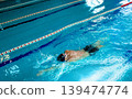 Man swimmer is swimming in the pool, backstroke technique swimming. Shot of swim in motion, top view 139474774