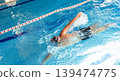 Man swimmer is swimming in the pool, backstroke technique swimming. Shot of swim in motion 139474775