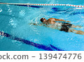 Man swimmer is swimming in the pool, backstroke technique swimming. Shot of swim in motion, top view 139474776