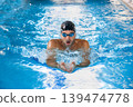 Sports male swimmer swimming in the pool, breaststroke swimming. Front view, techniques swimming. 139474778