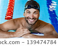 Portrait of smiling man, a swimmer on the rooftop pool. Swimmer in the swimming pool 139474784