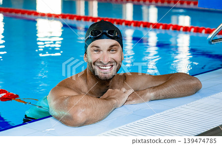 Positive swimmer, wearing swim goggles and swimming cap, relaxing in the pool after training. Positive swimmer, wearing swim goggles and swimming cap, relaxing in the pool after training. 139474785