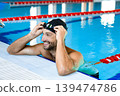 Smiling swimmer looking away, relaxing on the rooftop pool. Swimmer in the swimming pool, headshot 139474786
