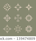 Nine beige floral ornament arranged on green background. Concept of decorative pattern 139474809