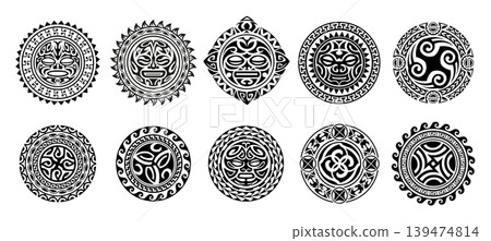 Circle round tribal maori tattoo with vector sun and warrior totem mask in ethnic pattern frame. Polynesian geometric ornament circles set with sun, moon, fish hook and koru spirals, maori tattoo art 139474814