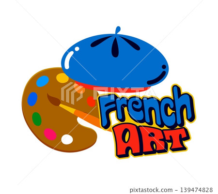 French art vintage Y2K sticker or symbol. French travel souvenir 60s 70s vector sticker, European nation culture Y2K tag. Europe country tourism patch with artist beret cap, painting palette and brush French art vintage Y2K sticker or symbol. French travel souvenir 60s 70s vector sticker, European nation culture Y2K tag. Europe country tourism patch with artist beret cap, painting palette and brush 139474828