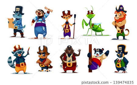 Cartoon animal pirate crew characters of wolf with treasure map, sloth with scroll, meerkat and mantis in pirate hats. Vector lion and raccoon with pistols, owl captain, beaver, panda animal corsairs Cartoon animal pirate crew characters of wolf with treasure map, sloth with scroll, meerkat and mantis in pirate hats. Vector lion and raccoon with pistols, owl captain, beaver, panda animal corsairs 139474835