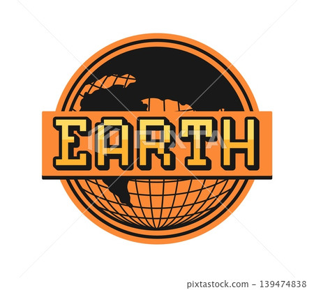 Earth planet globe Y2K groovy sticker or tag. Earth Y2K vector wireframe globe patch, funky mesh sphere tag. World globus label or terrestrial sphere sticker with gold metallic typography text 139474838