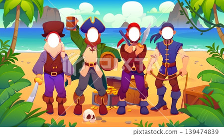Caribbean pirate photobooth cutout face holes, funny corsairs photo booth frame. Cartoon rovers ship crew characters stand on tropical beach beside treasure chest, spilling gold coins and a skull 139474839