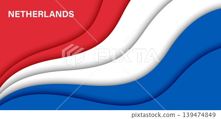 Paper cut national flag of Netherlands, King day 27 April holiday vector papercut banner. with flowing layered red, white and blue waves, evoking pride and festive spirit for Kings Day celebrations Paper cut national flag of Netherlands, King day 27 April holiday vector papercut banner. with flowing layered red, white and blue waves, evoking pride and festive spirit for Kings Day celebrations 139474849