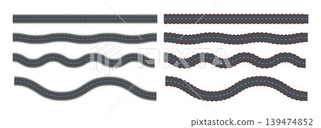 Top view road. Flat highway. Asphalt horizontal straight and curves, winding, wavy car path with dashed lines. City street route pattern, country map roadway. Vector set 139474852