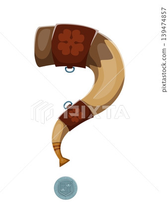 Pirate font horn and medieval seal punctuation question mark. Maritime font symbol, piracy nautical alphabet type vector sign. Pirate treasure hunt typeset element with horn and coat of arms seal Pirate font horn and medieval seal punctuation question mark. Maritime font symbol, piracy nautical alphabet type vector sign. Pirate treasure hunt typeset element with horn and coat of arms seal 139474857