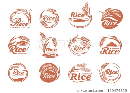 Asian rice ear icons or cereal plants with grains and leaves vector silhouettes. Paddy farm field, agriculture crop harvest, food isolated round symbols with rice bowls, cereal ears, seeds and grains 139474859