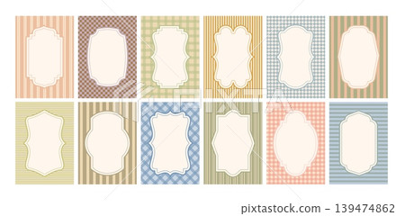 Retro decorative frame. Vintage festive labels. Trendy coquette ornamental frames with stripes, tartan, rhomb pattern, empty border for invitation, poster. Vector set Retro decorative frame. Vintage festive labels. Trendy coquette ornamental frames with stripes, tartan, rhomb pattern, empty border for invitation, poster. Vector set 139474862