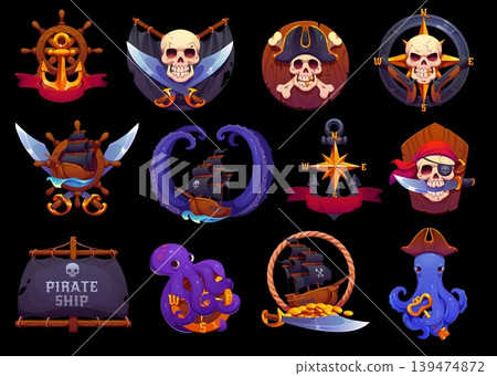 Game asset of cartoon pirate heraldry icons. Vector pirate ship, skull and anchors, corsair captain hat, treasure gold, compass wind rose and black sail, crossed swords and bones heraldic icons set Game asset of cartoon pirate heraldry icons. Vector pirate ship, skull and anchors, corsair captain hat, treasure gold, compass wind rose and black sail, crossed swords and bones heraldic icons set 139474872