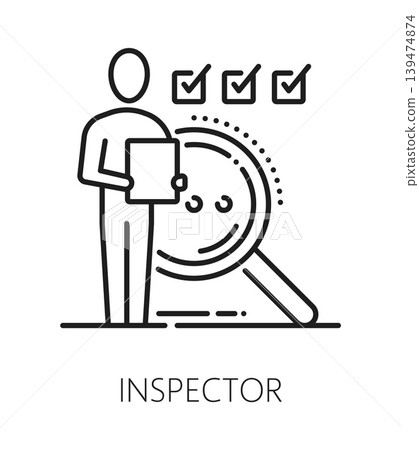 Quality control inspector inspection line icon or symbol. Regulation control symbol, quality approval vector pictogram. Factory standards inspection sign or icon with inspector person Quality control inspector inspection line icon or symbol. Regulation control symbol, quality approval vector pictogram. Factory standards inspection sign or icon with inspector person 139474874