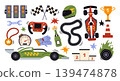 Race car competition. Racing sport elements. Championship f1. Stickers racing speed car, trophy, helmet, victory podium, checkered flags, automobile track. Vector concept 139474878