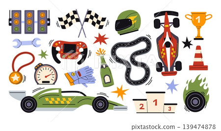 Race car competition. Racing sport elements. Championship f1. Stickers racing speed car, trophy, helmet, victory podium, checkered flags, automobile track. Vector concept Race car competition. Racing sport elements. Championship f1. Stickers racing speed car, trophy, helmet, victory podium, checkered flags, automobile track. Vector concept 139474878