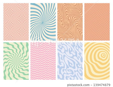 Psychedelic retro groovy hippie pattern backgrounds. Vector set of colorful abstract optical illusion and wavy patterns, featuring swirls, checkers, stripes, and organic shapes in pastel shades Psychedelic retro groovy hippie pattern backgrounds. Vector set of colorful abstract optical illusion and wavy patterns, featuring swirls, checkers, stripes, and organic shapes in pastel shades 139474879