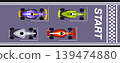 Race road with car. Formula sport start. Cartoon racing cars on asphalt speedway racetrack top view. Different auto on start finish line. Championship and competition. Vector concept 139474880