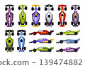 Race car. Sports vehicle. Cartoon motorsport cars top view, formula championship automobile side view. Race track high speed vehicle. Racing events. Vectors set 139474882