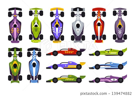 Race car. Sports vehicle. Cartoon motorsport cars top view, formula championship automobile side view. Race track high speed vehicle. Racing events. Vectors set Race car. Sports vehicle. Cartoon motorsport cars top view, formula championship automobile side view. Race track high speed vehicle. Racing events. Vectors set 139474882