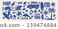 Hawaii summer elements. Tropical sea surf stickers. Vintage exotic beach shapes. Hand drawn palm, shell, turtle, sun, car, ocean wave, bird. Vector label set 139474884