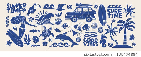 Hawaii summer elements. Tropical sea surf stickers. Vintage exotic beach shapes. Hand drawn palm, shell, turtle, sun, car, ocean wave, bird. Vector label set Hawaii summer elements. Tropical sea surf stickers. Vintage exotic beach shapes. Hand drawn palm, shell, turtle, sun, car, ocean wave, bird. Vector label set 139474884
