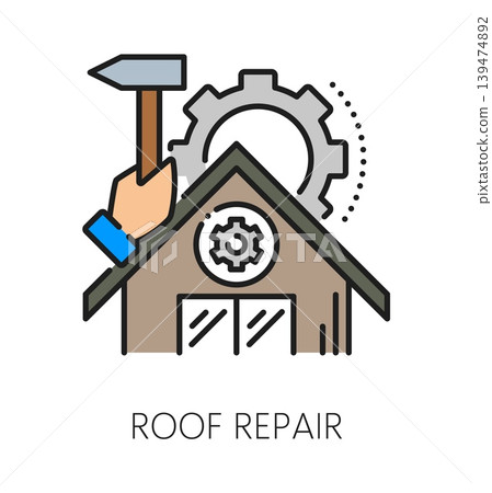Home roof insulation maintenance or repair line icon. Cottage construction service sign, house renovation company outline vector pictogram. Roof insulation installation or repair symbol 139474892