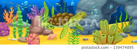 Underwater landscape game background with sea turtle character. Sea environment, ocean underwater vector landscape. Marine bottom background with turtle animal cartoon character, corals and seaweeds Underwater landscape game background with sea turtle character. Sea environment, ocean underwater vector landscape. Marine bottom background with turtle animal cartoon character, corals and seaweeds 139474895