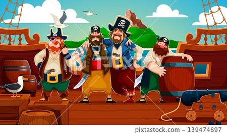 Cartoon pirate ship crew characters on wooden deck. Vector funny sailors and captain in corsair costume with hats, belts, swords standing together at ship board on sea background with treasure island Cartoon pirate ship crew characters on wooden deck. Vector funny sailors and captain in corsair costume with hats, belts, swords standing together at ship board on sea background with treasure island 139474897