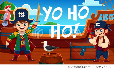 Cartoon kids pirates on wooden ship deck with Yo Ho Ho text. Scene featuring captain boy with sword, sailor girl with parrot, seagull on barrel and treasure chest. Funny pirates for kids books 139474899