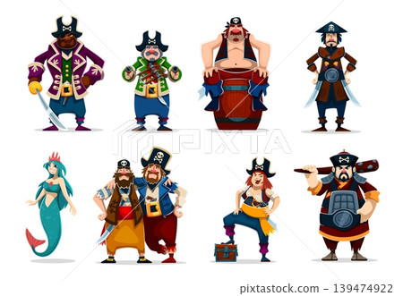 Cartoon pirate characters of captain, boatswain, skipper and corsair sailor crew with sword, pistol, treasure chest, barrel. Vector mermaid and buccaneer team nautical sea adventure fantasy personages 139474922