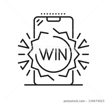 Loyalty program exclusive benefit icon. Gift coupon and reward prize and offer pictogram featuring linear smartphone with glowing win badge and burst rays. Vector icon for loyalty app UI design 139474923