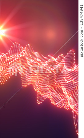 Glowing red and orange light waveform with particle lines, abstract audio signal visualization background with lens flare and motion Glowing red and orange light waveform with particle lines, abstract audio signal visualization background with lens flare and motion 139474941