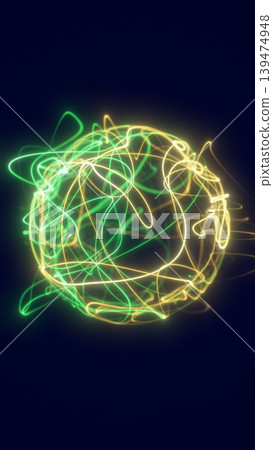 Abstract neon orb of green and yellow light trails swirling on a dark background, creating a futuristic energy sphere with motion and glow Abstract neon orb of green and yellow light trails swirling on a dark background, creating a futuristic energy sphere with motion and glow 139474948