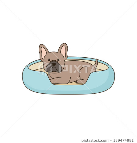 Cute French Bulldog illustration resting comfortably in a soft dog bed on a white background. Cute French Bulldog illustration resting comfortably in a soft dog bed on a white background. 139474991