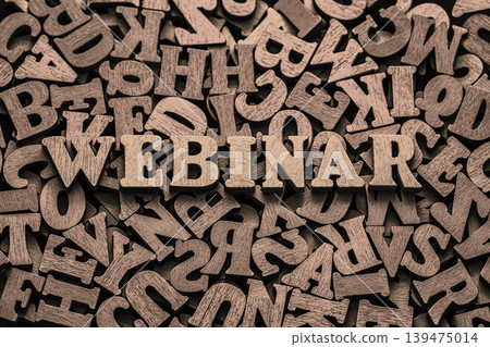 Inscription webinar on pile of old vintage wooden letters. Online education and training concept. Inscription webinar on pile of old vintage wooden letters. Online education and training concept. 139475014