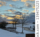 Beautiful winter landscape with snowy fields winding road and dramatic sunset sky behind bare trees. Peaceful rural scenery with glowing clouds and cold seasonal atmosphere 139475225